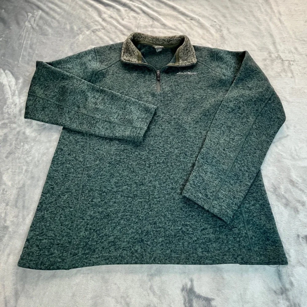 Eddie Bauer Mens Large Quarter Zip Pullover Sweater Green Heathered Fleece Lined